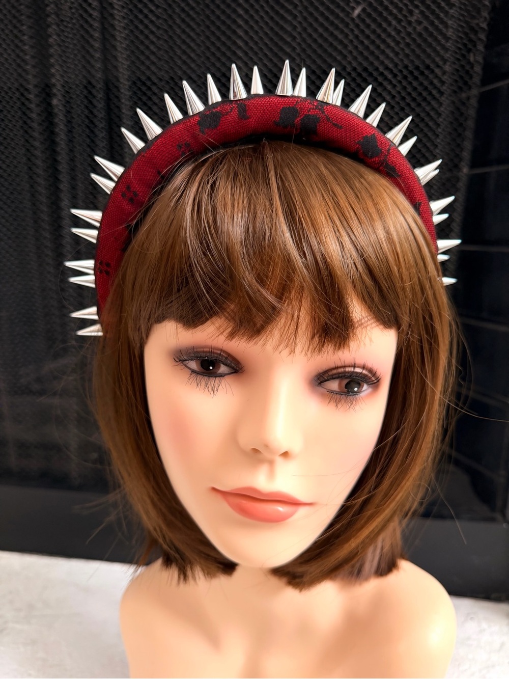 Goth Punk Red Black Lace Silver Spike Studded Padded Headband Halloween